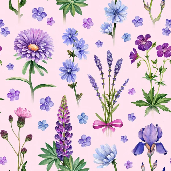 青と紫の花の水彩イラスト シームレス パターン — ストック写真
