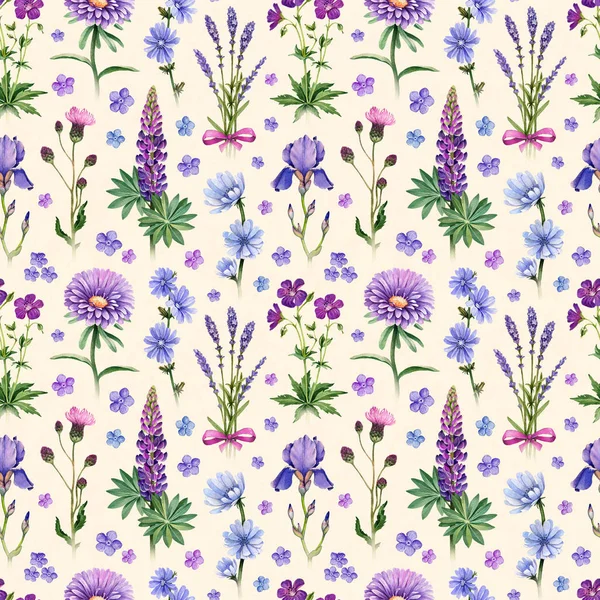 Watercolor illustrations of blue and purple flowers. Seamless pattern