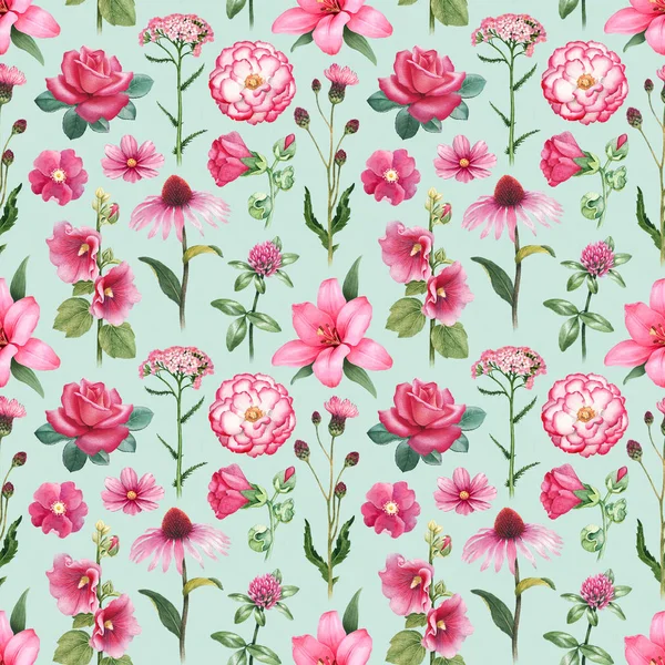 Akvarel Ilustrací Růžové Květy Vzor Bezešvé — Stock fotografie