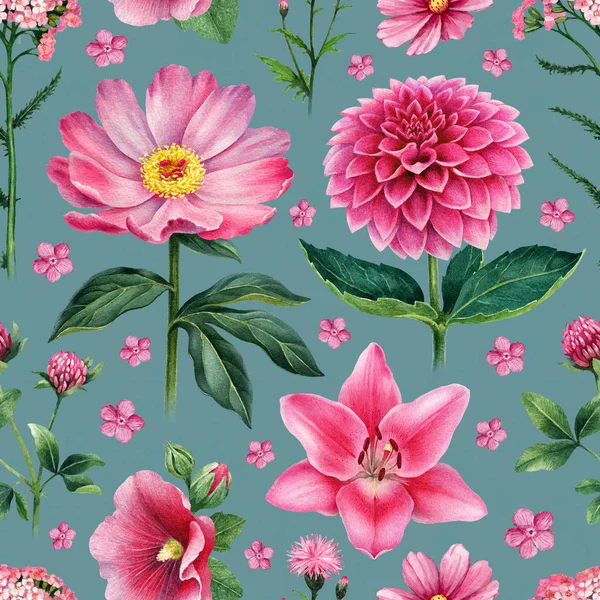 Акварельні Ілюстрації Рожевих Квітів Безшовний Візерунок — стокове фото