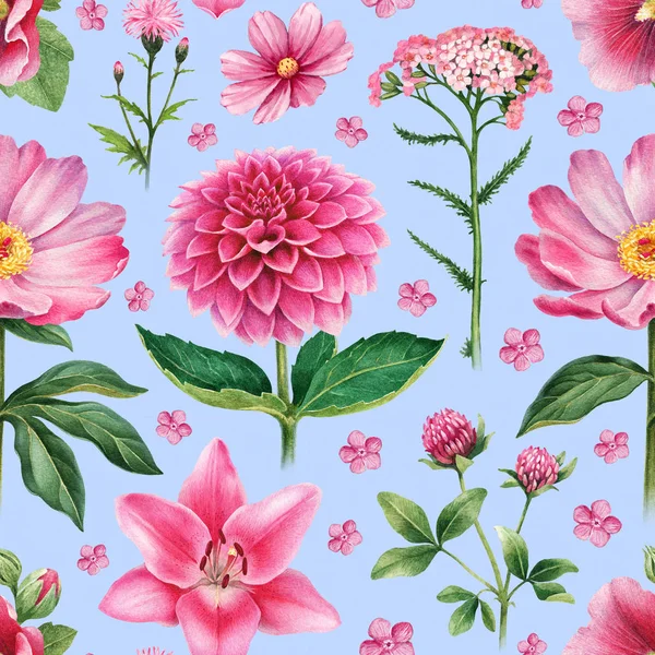 Watercolor Illustrations Pink Flowers Seamless Pattern — Stock Photo, Image