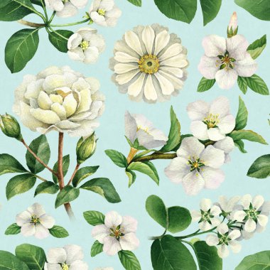 Suluboya beyaz çiçekler. Seamless modeli