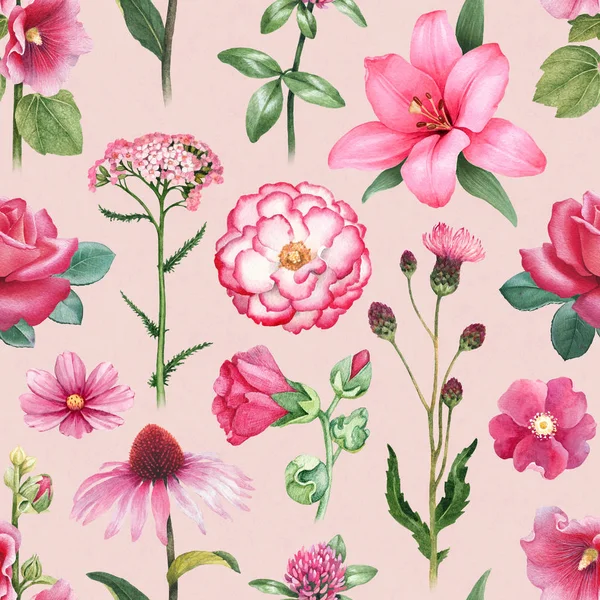 Akvarel Ilustrací Růžové Květy Vzor Bezešvé — Stock fotografie