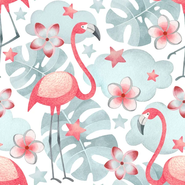 Aquarel Illustraties Van Flamingo Tropische Bloemen Bladeren Naadloze Tropische Patroon — Stockfoto