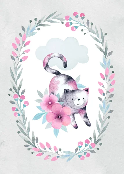 Illustration Aquarelle Chat Fleurs — Photo