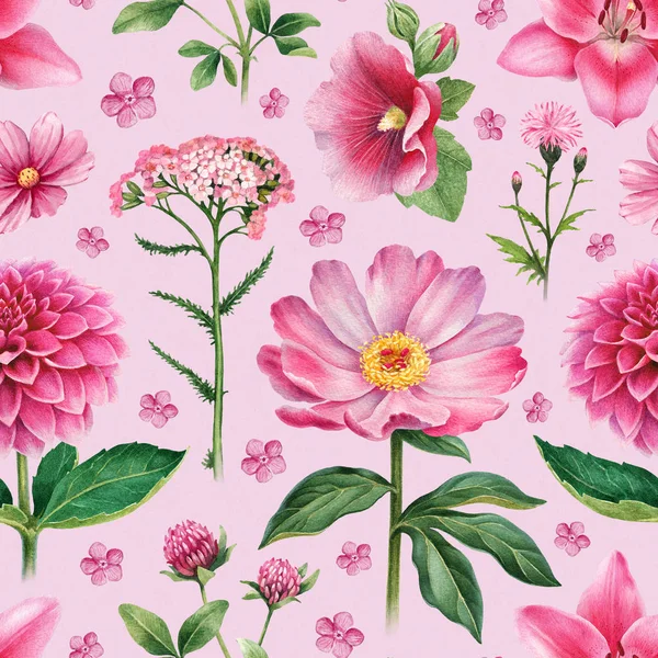 Watercolor Illustrations Pink Flowers Seamless Pattern — Stock Photo, Image