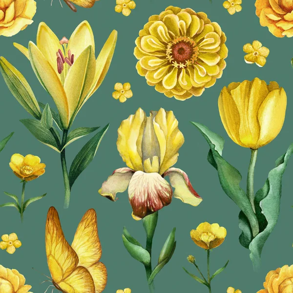 Εικόνες Ακουαρέλα Του Κίτρινα Λουλούδια Χωρίς Ραφή Πρότυπο — Φωτογραφία Αρχείου