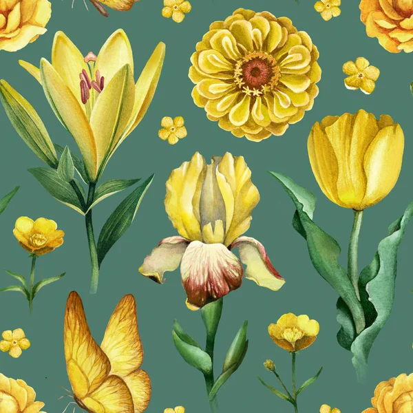 Illustrazioni Acquerello Fiori Gialli Modello Senza Cuciture — Foto Stock