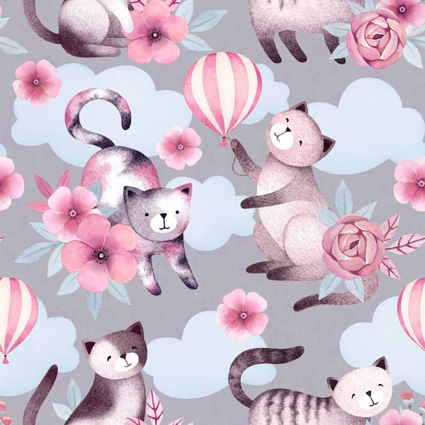 Watercolor Illustrations Cats Flowers Seamless Pattern — Stock Photo, Image