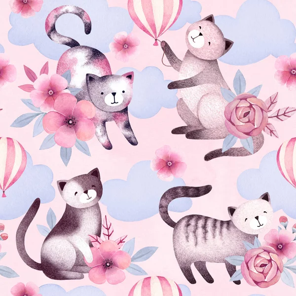 Akwarela Ilustracje Przedstawiające Koty Kwiaty Wzór — Zdjęcie stockowe