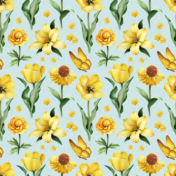 Akvarell Illustrationer Gula Blommor Seamless Mönster — Stockfoto