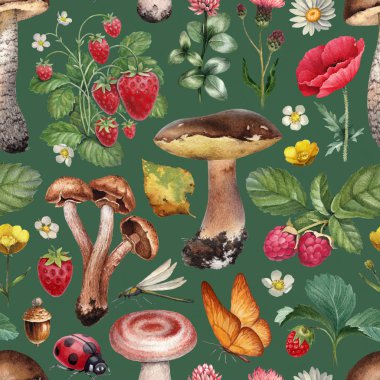 Yaz Dikişsiz desen. Çiçekler, meyveler, mantar ve böcek suluboya çizimler 