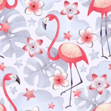 Flamingolar, tropikal çiçek ve yaprak suluboya çizimler. Dikişsiz tropikal desen