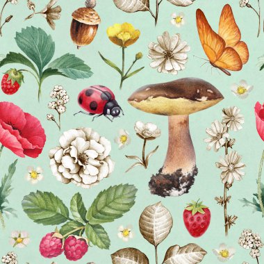 Yaz Dikişsiz desen. Çiçekler, meyveler, mantar ve böcek çizimler 