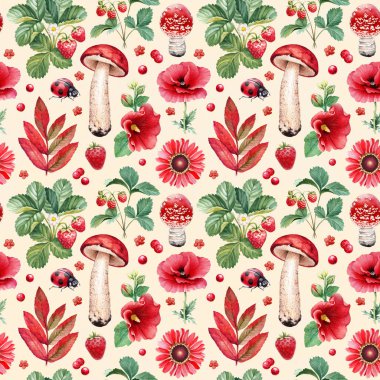 Yaz Dikişsiz desen. Çiçekler, meyveler, mantar ve böcek suluboya çizimler 