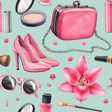 Makyaj ürünleri ve aksesuarları illüstrasyonlar. Seamless modeli
