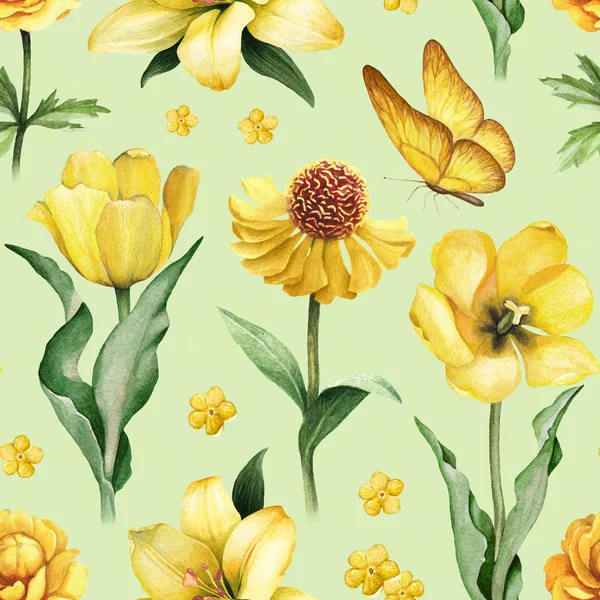 黄色花朵的水彩插图 无缝模式 — 图库照片