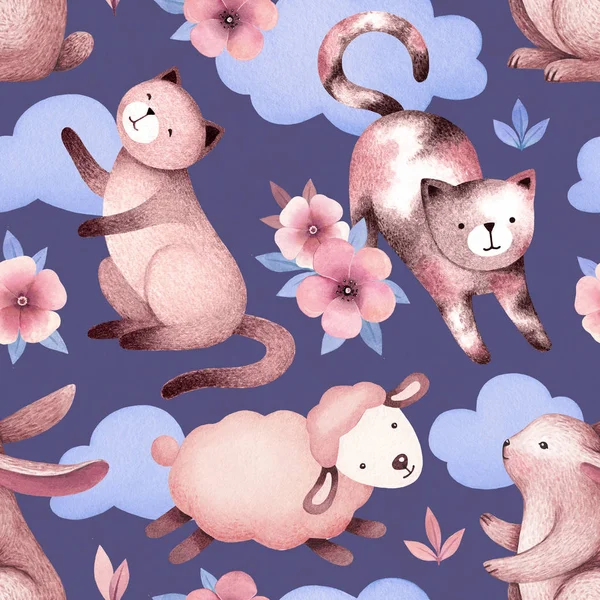 Watercolor illustrations of cats, sheep, bunny and flowers. Seamless pattern