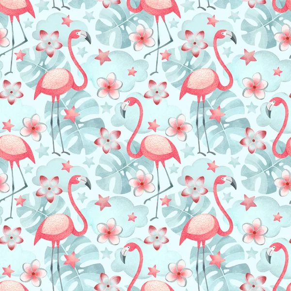 Akvarell Illustrationer Flamingos Tropiska Blommor Och Blad Sömlös Tropiska Mönster — Stockfoto