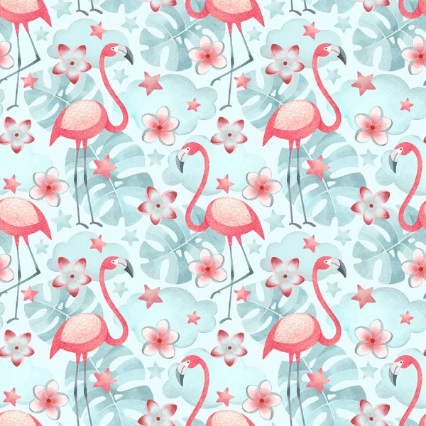 Watercolor illustrations of flamingos, tropical flowers and leaves. Seamless tropical pattern