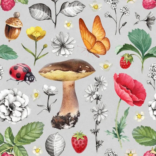 Zomer Naadloze Patroon Illustraties Van Bloemen Insecten Bessen Paddestoelen — Stockfoto