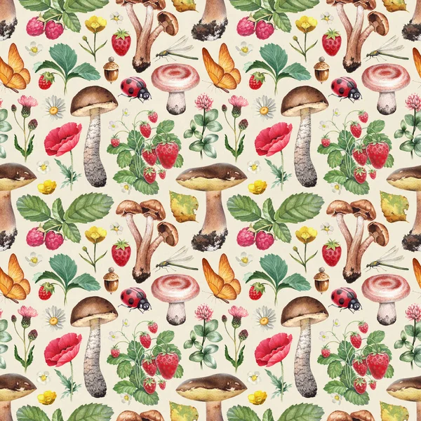 Summer Seamless Pattern Watercolor Illustrations Flowers Berries Mushrooms Insects — Stock Photo, Image