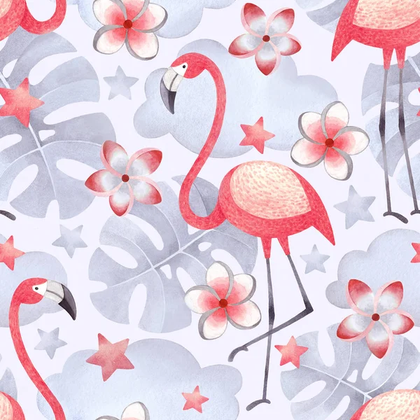 Aquarell Illustrationen Von Flamingos Tropischen Blumen Und Blättern Nahtloses Tropisches — Stockfoto