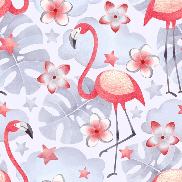 Watercolor illustrations of flamingos, tropical flowers and leaves. Seamless tropical pattern