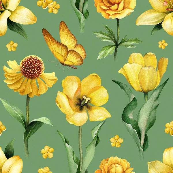 Ilustraciones Acuarela Flores Amarillas Patrón Sin Costura — Foto de Stock