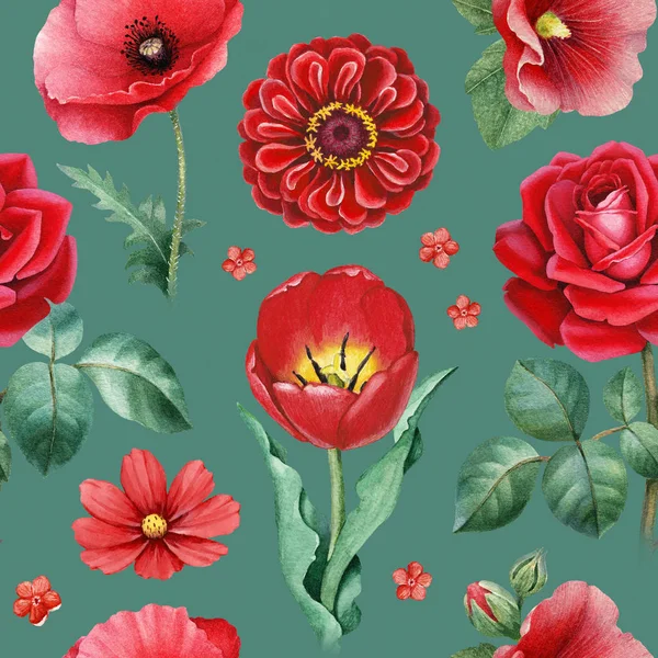 Akvarell Illusztrációk Piros Virágok Varrat Nélküli Mintát — Stock Fotó