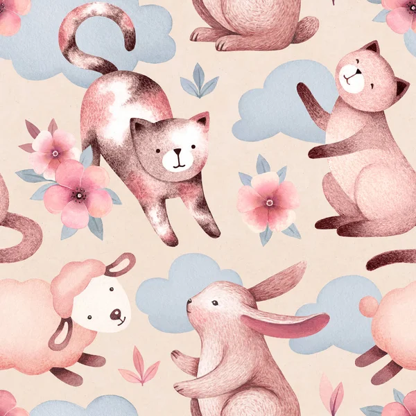 Watercolor Illustrations Cats Sheep Bunny Flowers Seamless Pattern — Stock Photo, Image