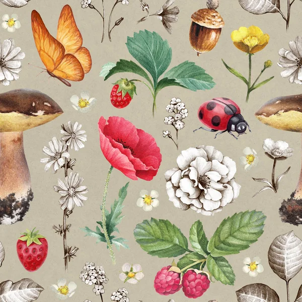 Patrón Sin Costuras Verano Ilustraciones Flores Bayas Setas Insectos —  Fotos de Stock