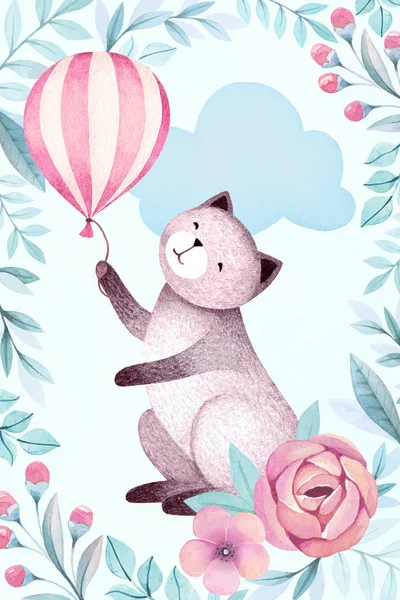 Akvarell Illustration Katt Och Blommor — Stockfoto