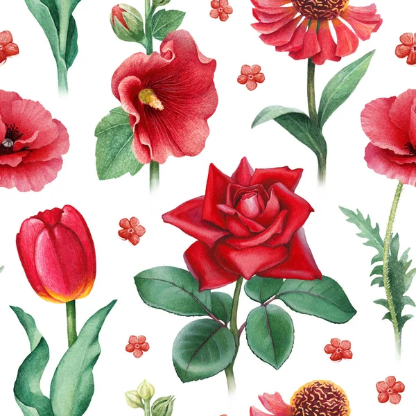 Aquarel Illustraties Rode Bloemen Naadloze Patroon — Stockfoto
