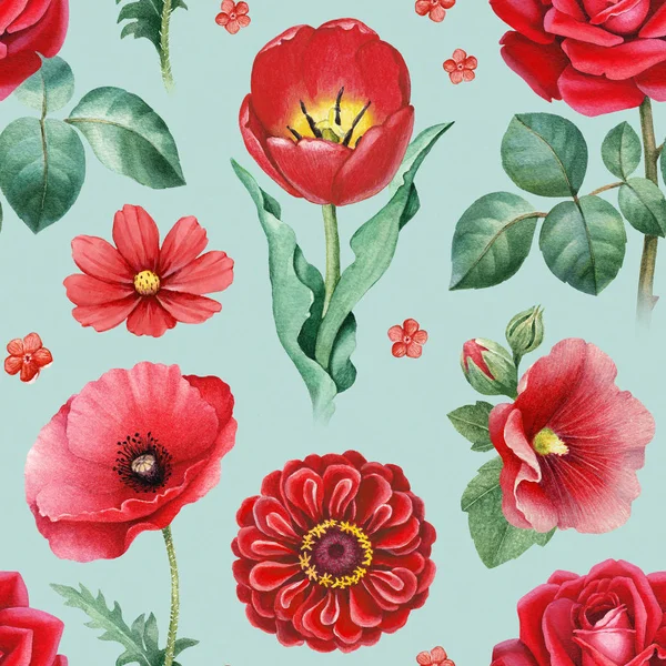 Εικόνες Ακουαρέλα Από Κόκκινα Λουλούδια Χωρίς Ραφή Πρότυπο — Φωτογραφία Αρχείου