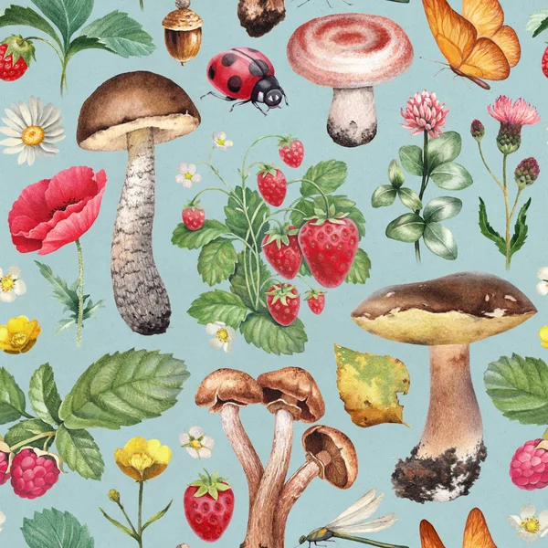 Nyári Varrat Nélküli Mintát Akvarell Illusztrációk Virágok Bogyók Gombák Rovarok — Stock Fotó