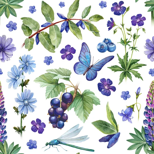 Summer Seamless Pattern Watercolor Illustrations Flowers Berries Insects — Stock Photo, Image