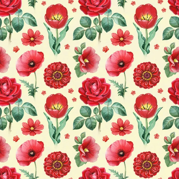 Акварельні Ілюстрації Червоних Квітів Безшовний Візерунок — стокове фото