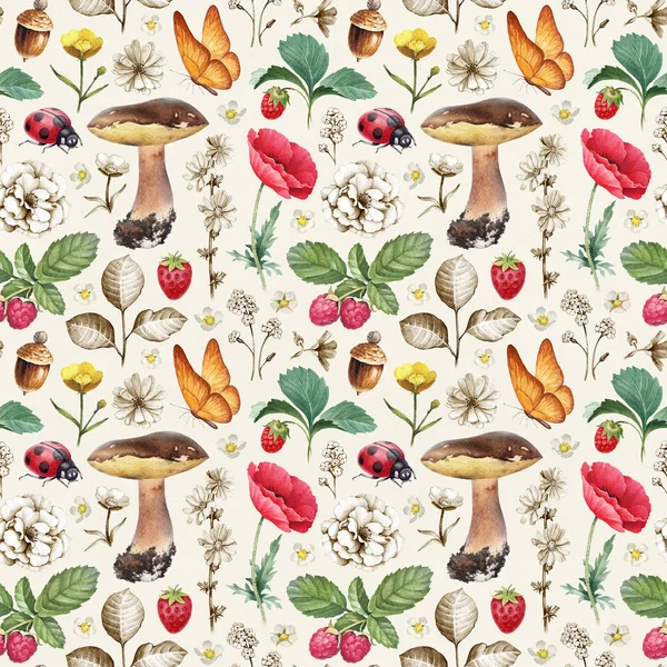 Zomer Naadloze Patroon Illustraties Van Bloemen Insecten Bessen Paddestoelen — Stockfoto