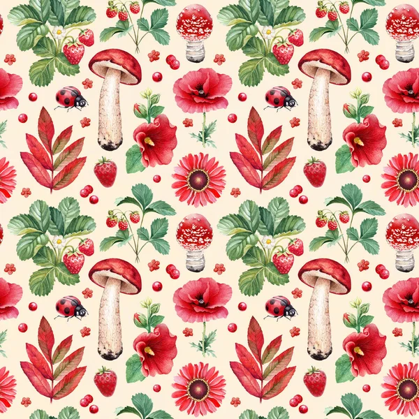 Summer Seamless Pattern Watercolor Illustrations Flowers Berries Mushrooms Insects — Stock Photo, Image