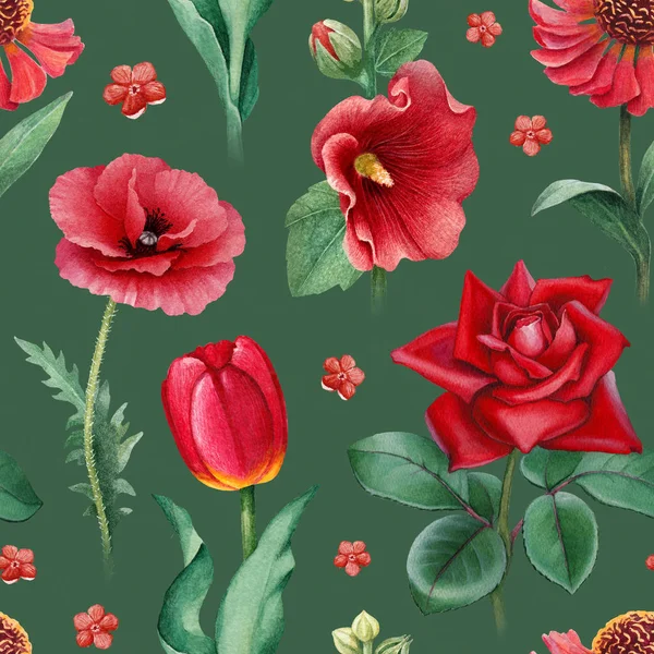 Watercolor Illustrations Red Flowers Seamless Pattern — Stock Photo, Image