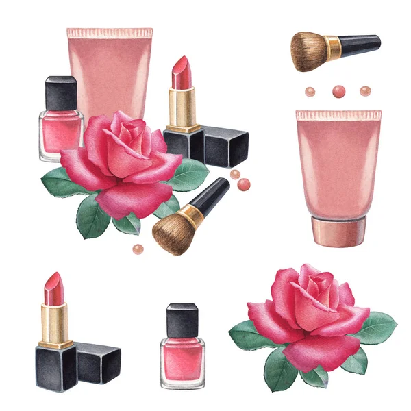 Illustrations Produits Maquillage Ensemble Cosmétiques Dessinés Main — Photo