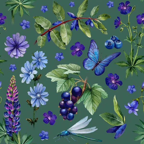 Modello Senza Cuciture Estate Illustrazioni Acquerello Fiori Bacche Insetti — Foto Stock