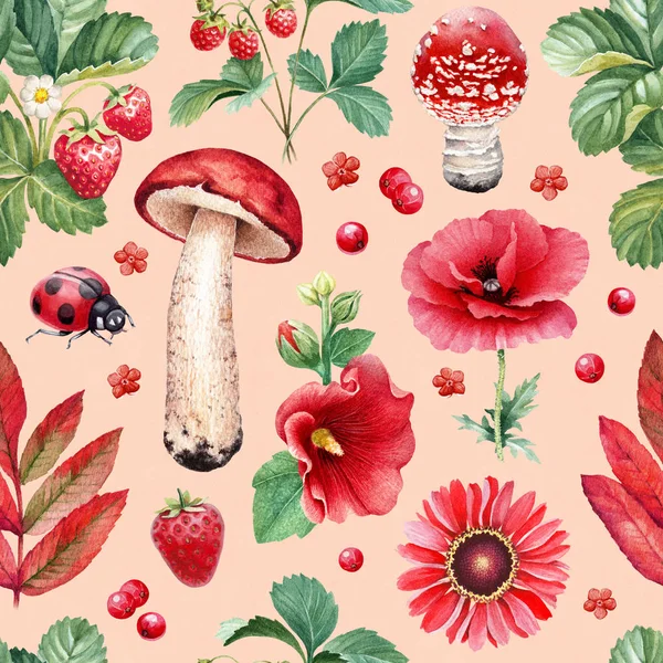 Zomer Naadloze Patroon Aquarel Illustraties Van Bloemen Insecten Bessen Paddestoelen — Stockfoto