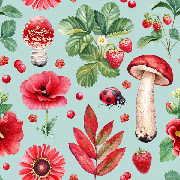 Nyári Varrat Nélküli Mintát Akvarell Illusztrációk Virágok Bogyók Gombák Rovarok — Stock Fotó