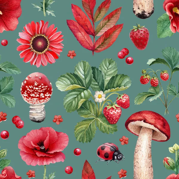 Sommer Nahtlose Muster Aquarell Illustrationen Von Blumen Beeren Pilzen Und — Stockfoto