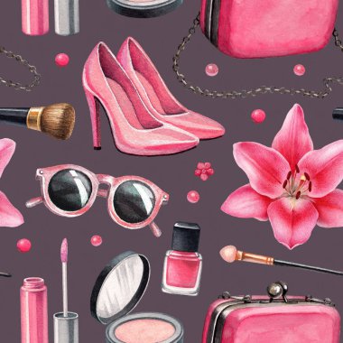 Makyaj ürünleri ve aksesuarları illüstrasyonlar. Seamless modeli
