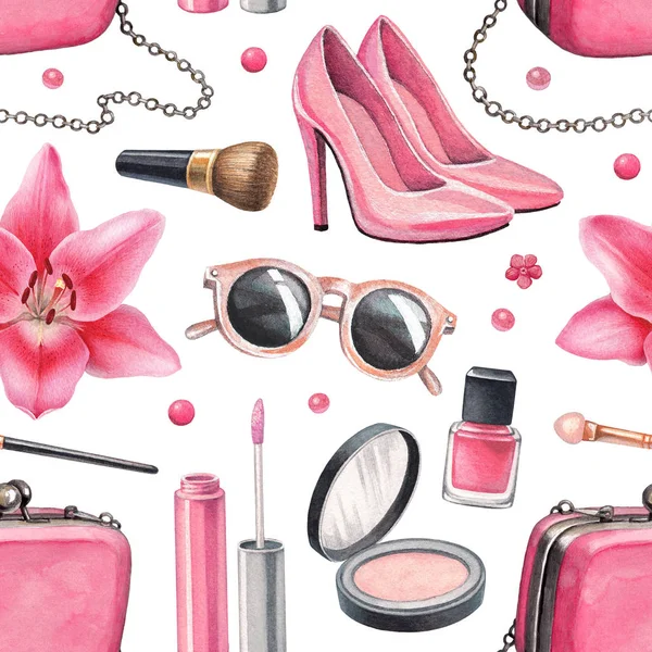 Illustrations Produits Maquillage Accessoires Modèle Sans Couture — Photo