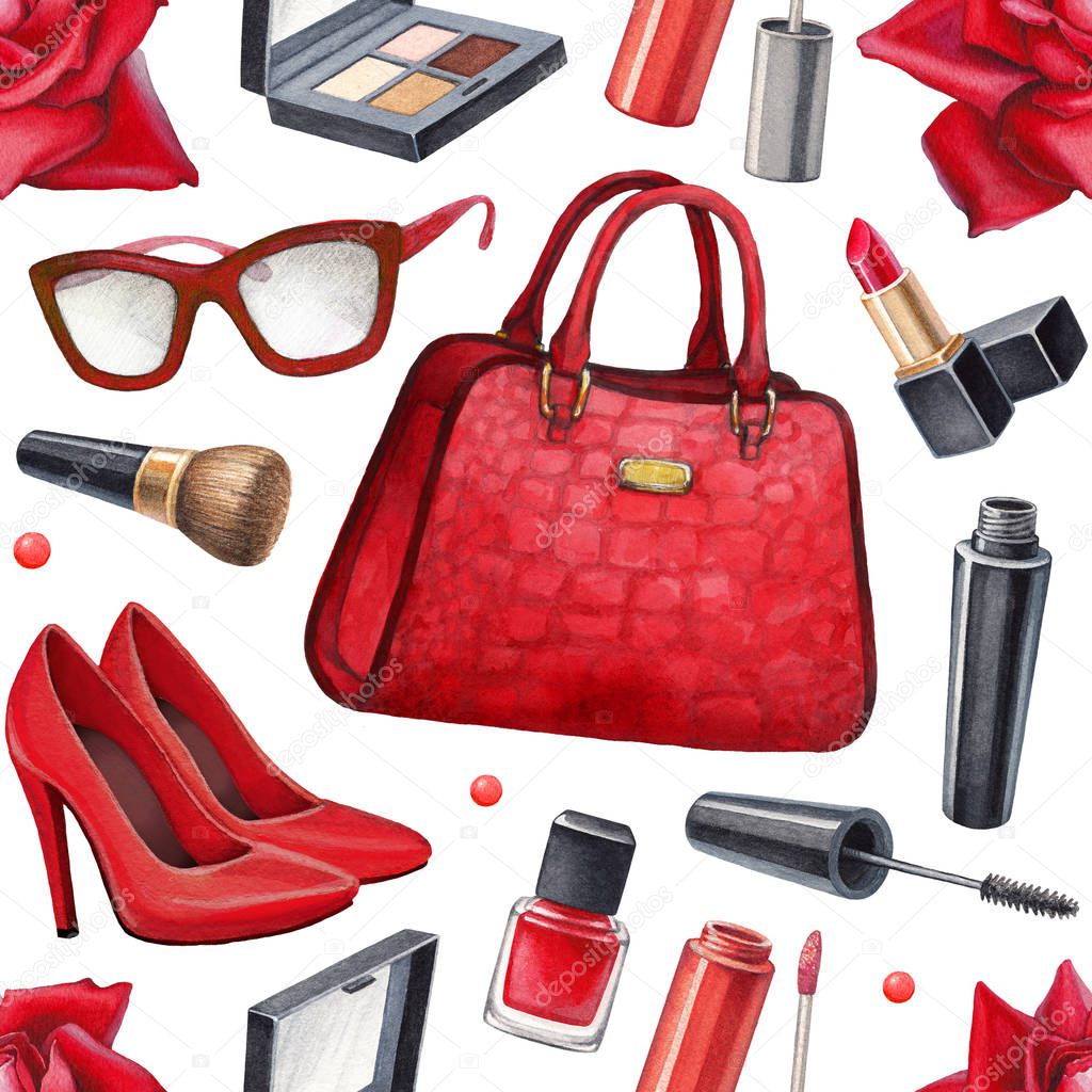 Illustrations of make up products and accessories. Seamless pattern