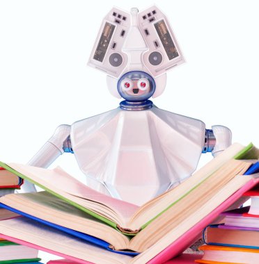 Robot öğretmen çocuk için kitap ile. Beyaz plastik AI Robot aygıt izole çocuklar için okuyun.
